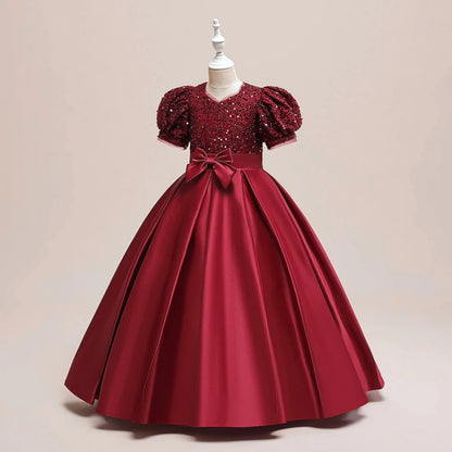 Sequin Bow Design Kids Girls Bridesmaid Princess Party Dress childrensterritory