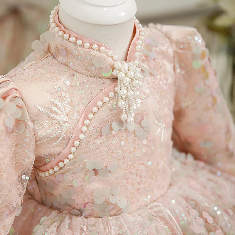 Luxury Elegant Deisgn Sequin Pink Little Girls Christening Gowns childrensterritory