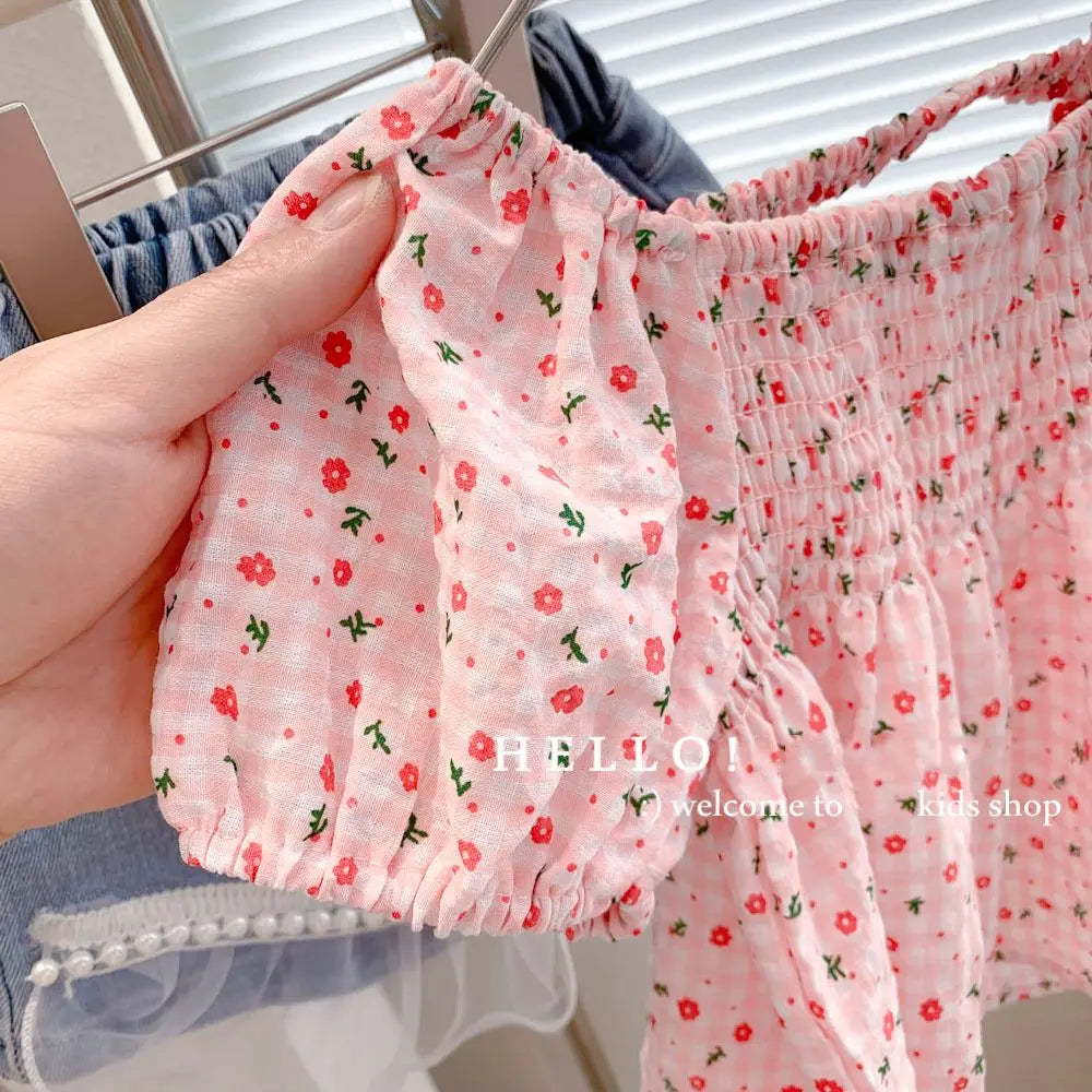 Korean Style Square Collar Little Girls Floral Pleated Tops childrensterritory