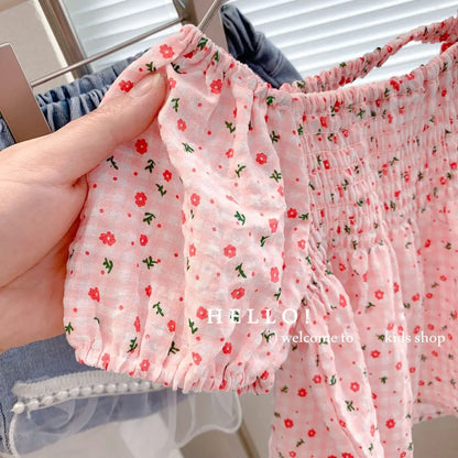 Korean Style Square Collar Little Girls Floral Pleated Tops childrensterritory