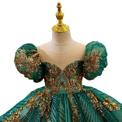 Girls Luxury Green Gold Birthday/Evening/ Party Dress
