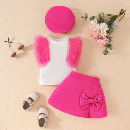 Baby Girls 3Pcs Cute Top+Bow Skirt+Beret Summer Outfit childrensterritory