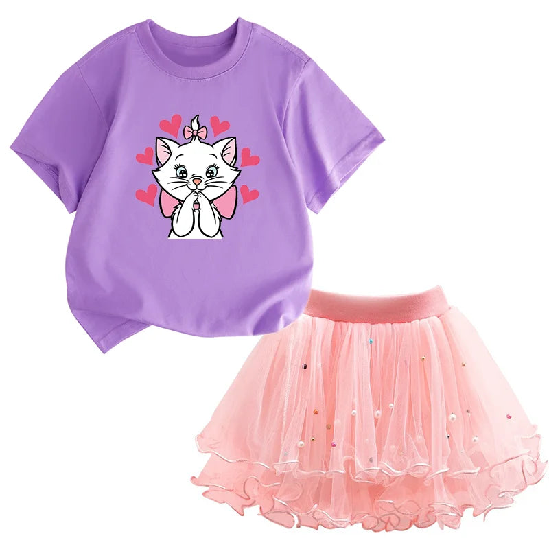 Kids Girls Marie Cat Design Summer T-shirt &amp; Tutu Skirt Set childrensterritory