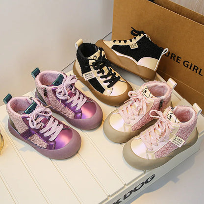 Kids Purple Black High Top Warm Furry Shoes childrensterritory