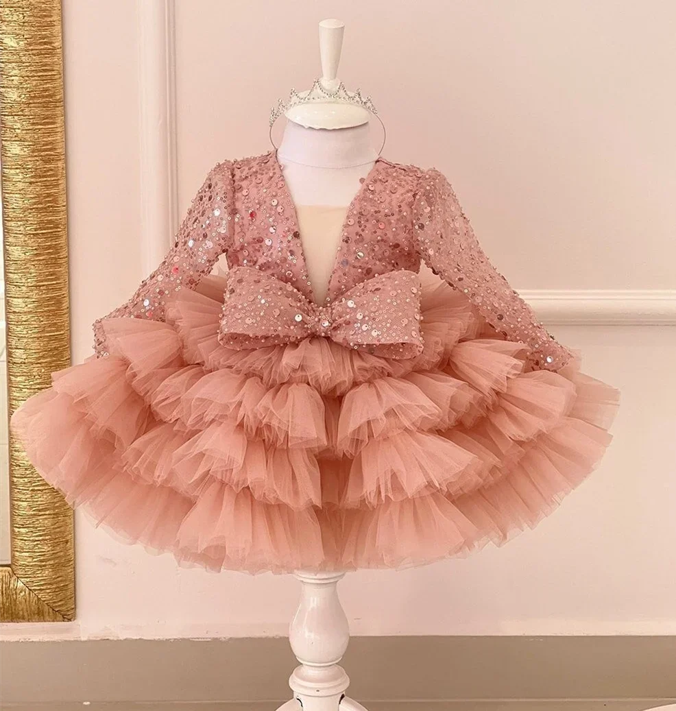 Sequined Tiered Tulle Wedding Dress with Bow for Kids Girls