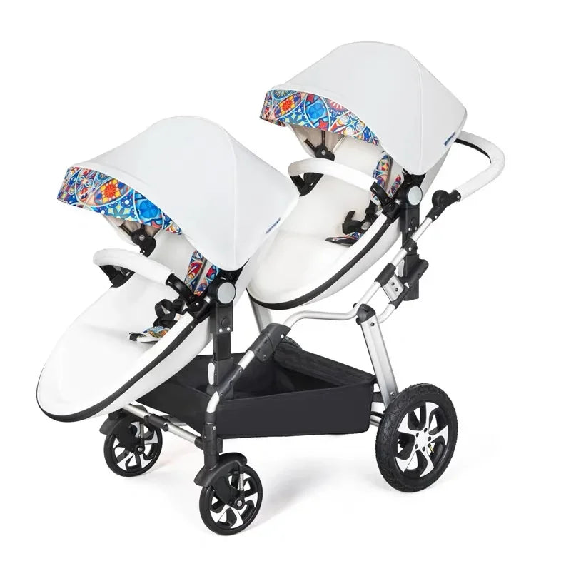 2 in-1 PU Leather Waterproof Twins Baby Stroller childrensterritory