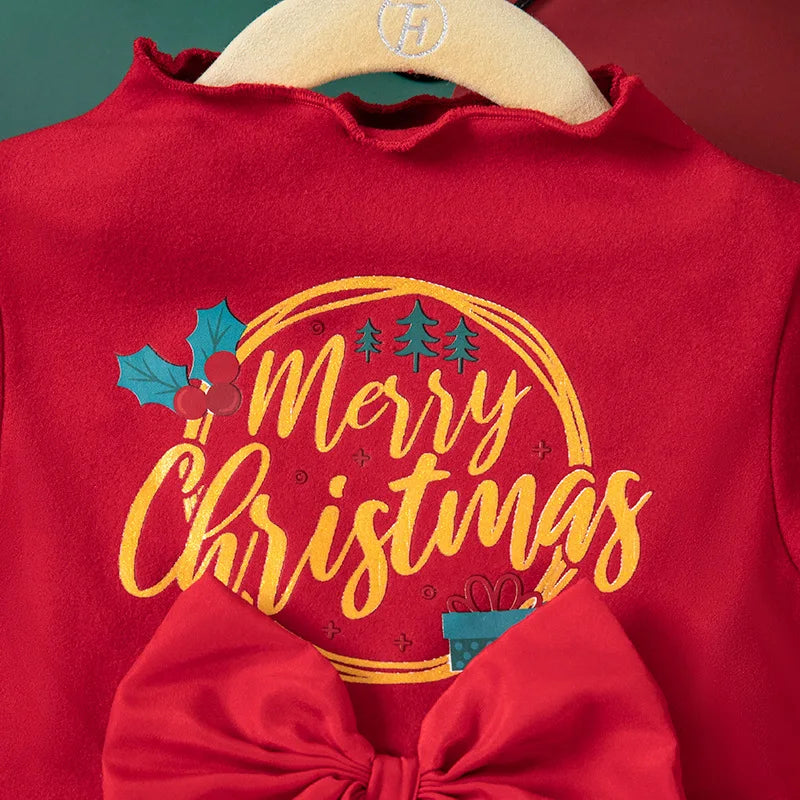 Girls' Long-Sleeved Bow Design Christmas Party Dresses