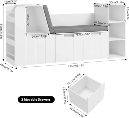 61.5" Kids Reading Nook with Double Bench and Bookshelf childrensterritory
