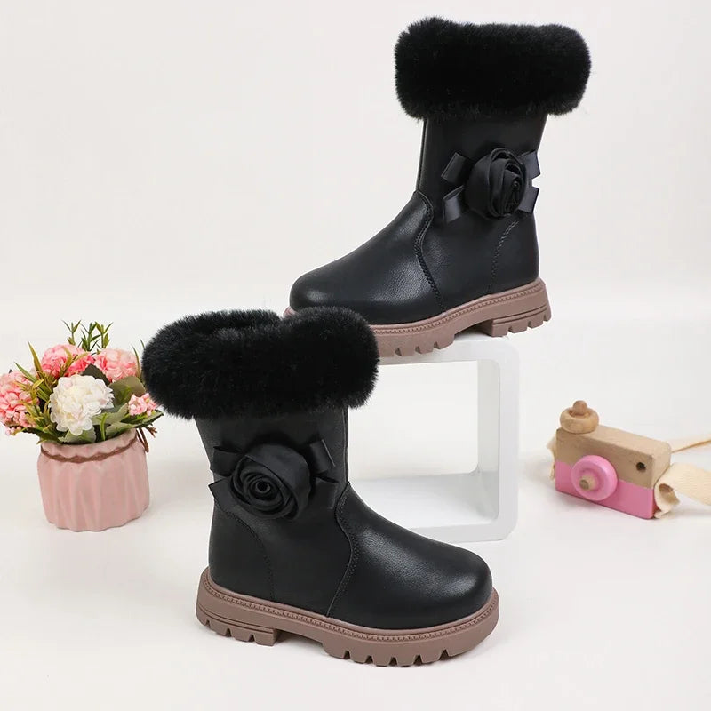 Princess Girls Zipper Flower Design Warm Fur Boots childrensterritory