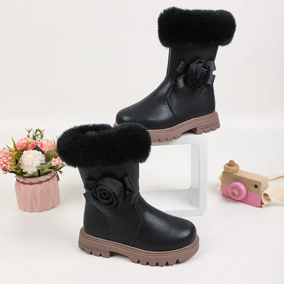 Princess Girls Zipper Flower Design Warm Fur Boots childrensterritory