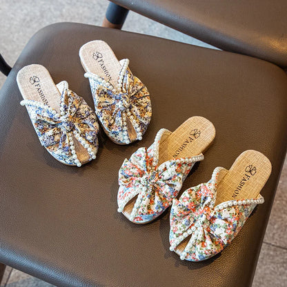 Soft Floral Print Pearls Decor Kids Girls Bow-knot Slippers