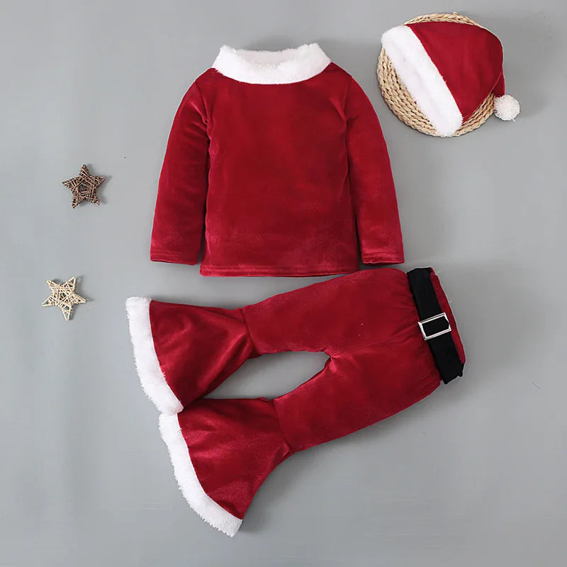 Kids Elegant Velvet Suit with Bell Bottom Pants for Christmas