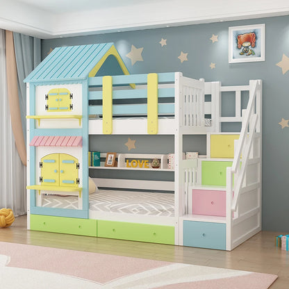 Kids Designer Wooden Bunk Bed Frame with Storage childrensterritory
