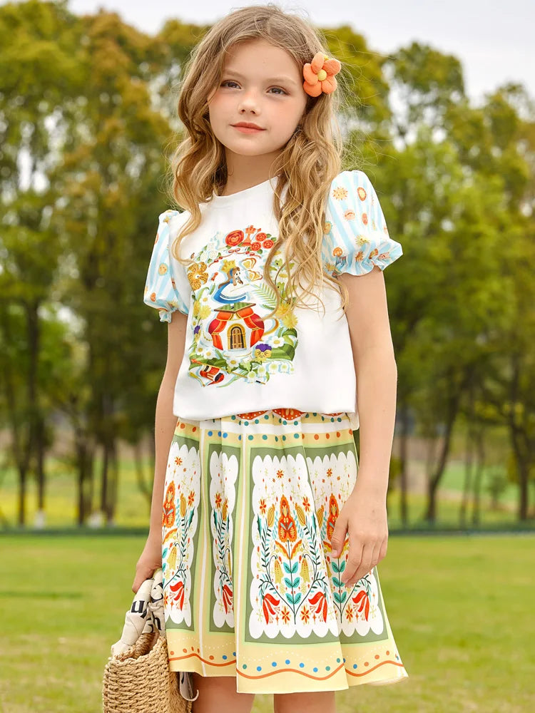 Kids Girls Cartoon Printed Top with Skirt Summer Set childrensterritory