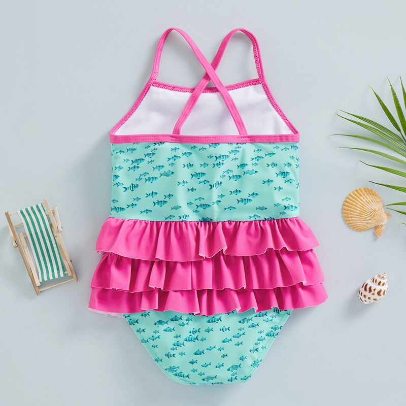 Flamingo and Little Fish Print Kids Girls Ruffle Swimsuit childrensterritory