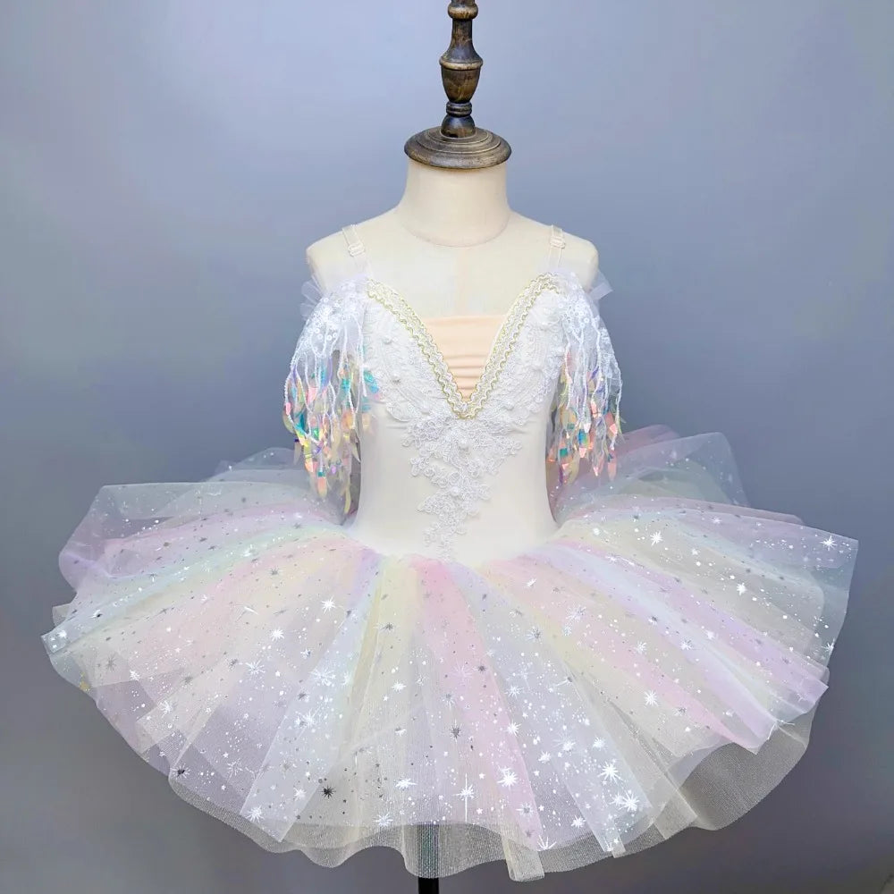 Rainbow Color Sequined Ballet Performance Tutu Skirts for Girls