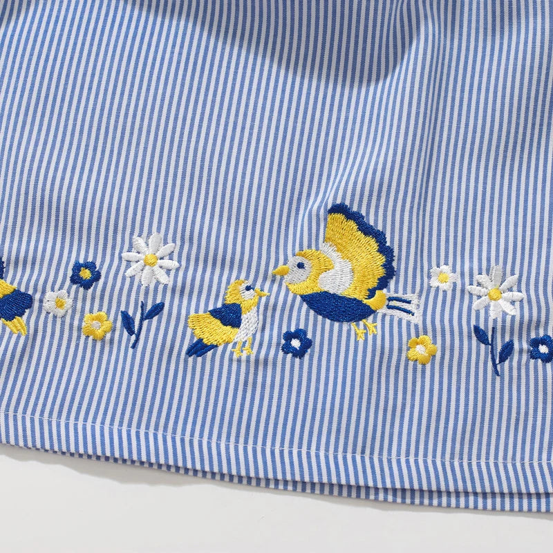 Girls Collar Design Birds Flowers Print Casual Summer Dresses childrensterritory