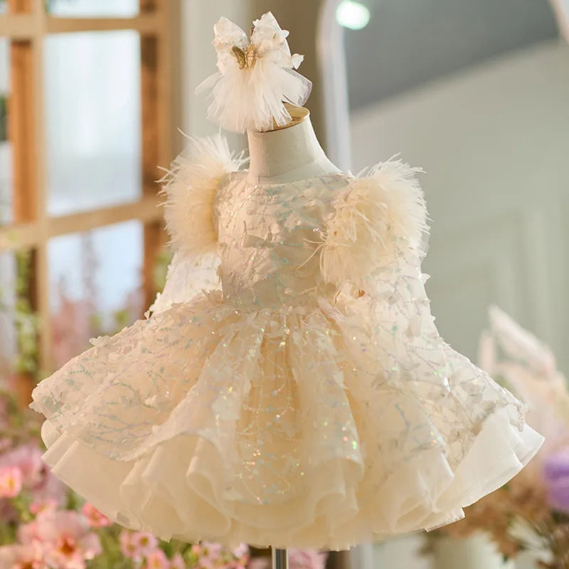 Girls Long Sleeves Butterfly Design Fluffy Party Dresses childrensterritory