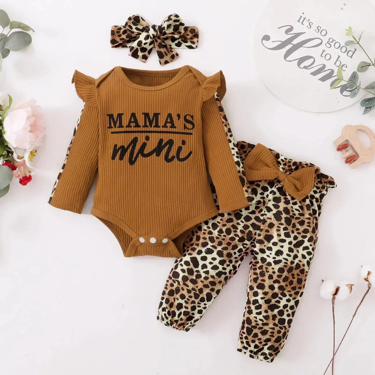 3Pcs Newborn Girl Bodysuit, Bow, Floral Pants Clothing Set