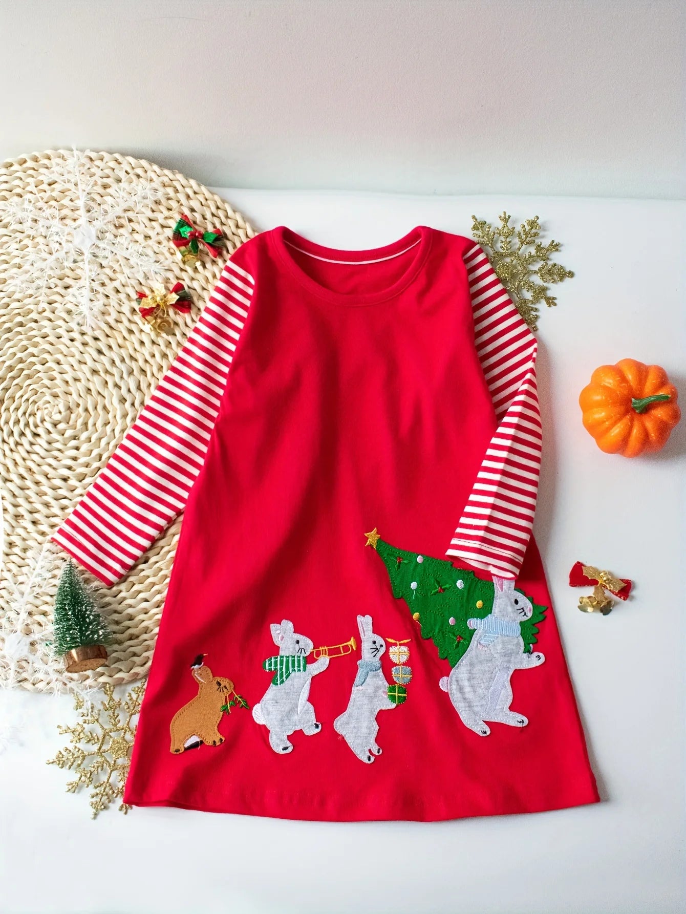 Girls' Full-Sleeve Christmas Print Dresses