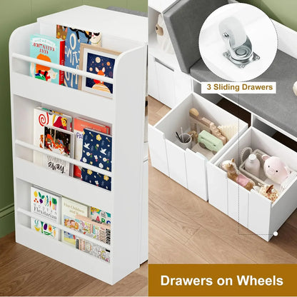 61.5" Kids Reading Nook with Double Bench and Bookshelf childrensterritory