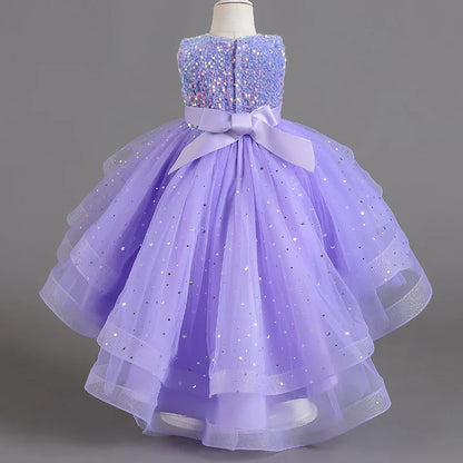 Girl Sleeveless Sequins Flower Design Puffy Party Dresses
