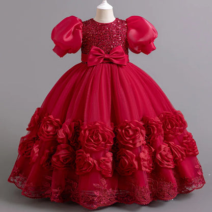 Flower Appliqués and Sequin Design Girls Long Party Dresses childrensterritory