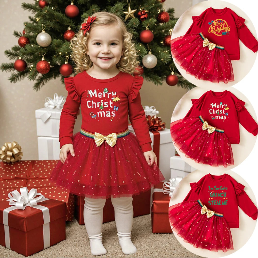 Girls' Long-Sleeved Elegant Christmas Outfit