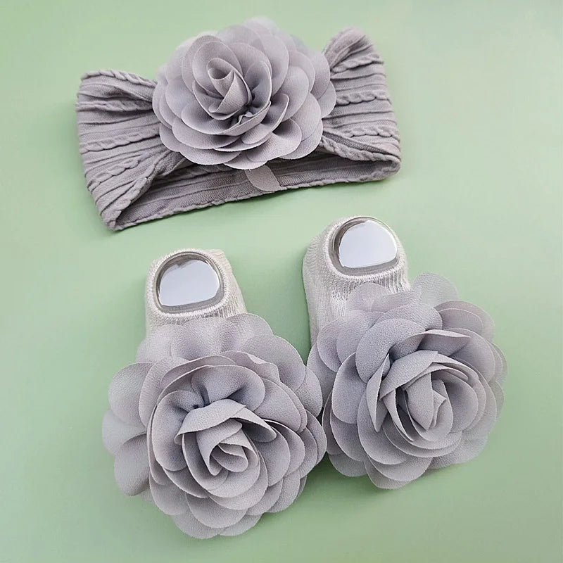 Non Slip Lace Flower Design Baby Socks+ Headbands Set