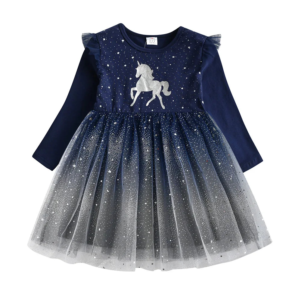 Cartoon Print Long Sleeve Girls Sequined Princess Dresses childrensterritory