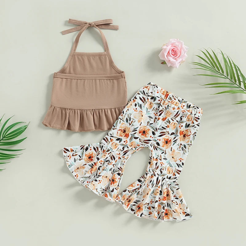 Toddler Girl Top with Printed Flare Pant Outfit