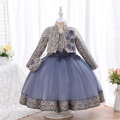 Kids Girls 3pcs/set Jacquard Pattern 3D Appliques Birthday Dresses