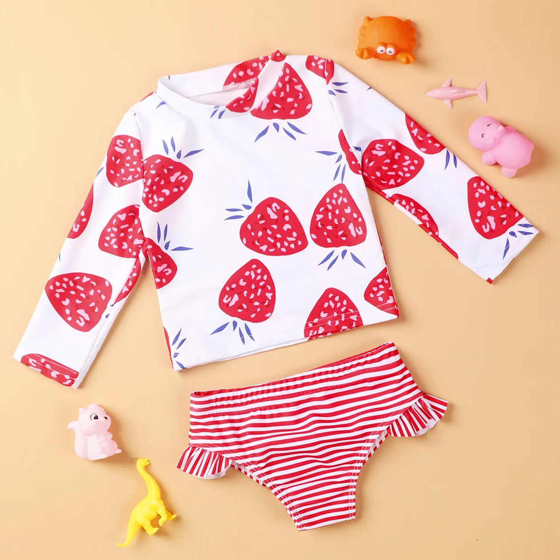 Strawberry Print Long Sleeve Beachwear for Little Girls childrensterritory