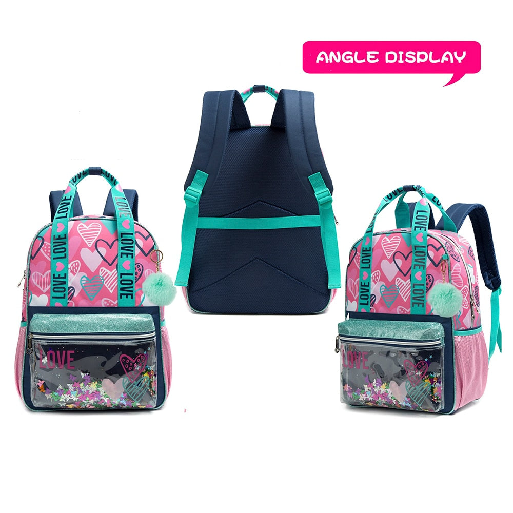 Kids Girls Love Print Sequin 3pcs School Backpack/Bag Set childrensterritory