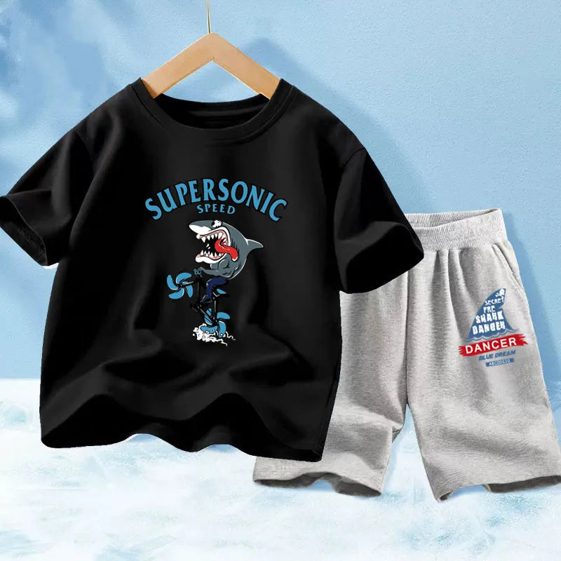 Kids Boy Funny Shark Print T-Shirts and Half Pants Set childrensterritory