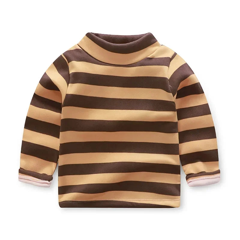 Kids Korean Style Turtleneck Striped Design Velvet Winter T-shirts childrensterritory