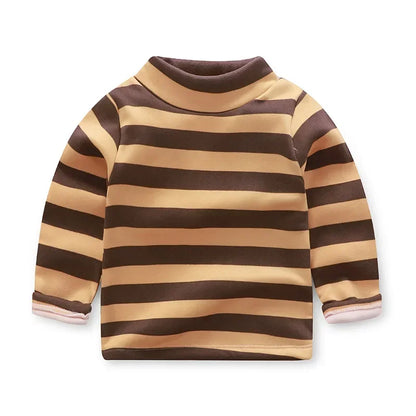 Kids Korean Style Turtleneck Striped Design Velvet Winter T-shirts childrensterritory