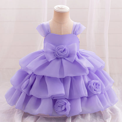 Elegant 3D Rose Flower Tiered Design Baby Christening Dresses