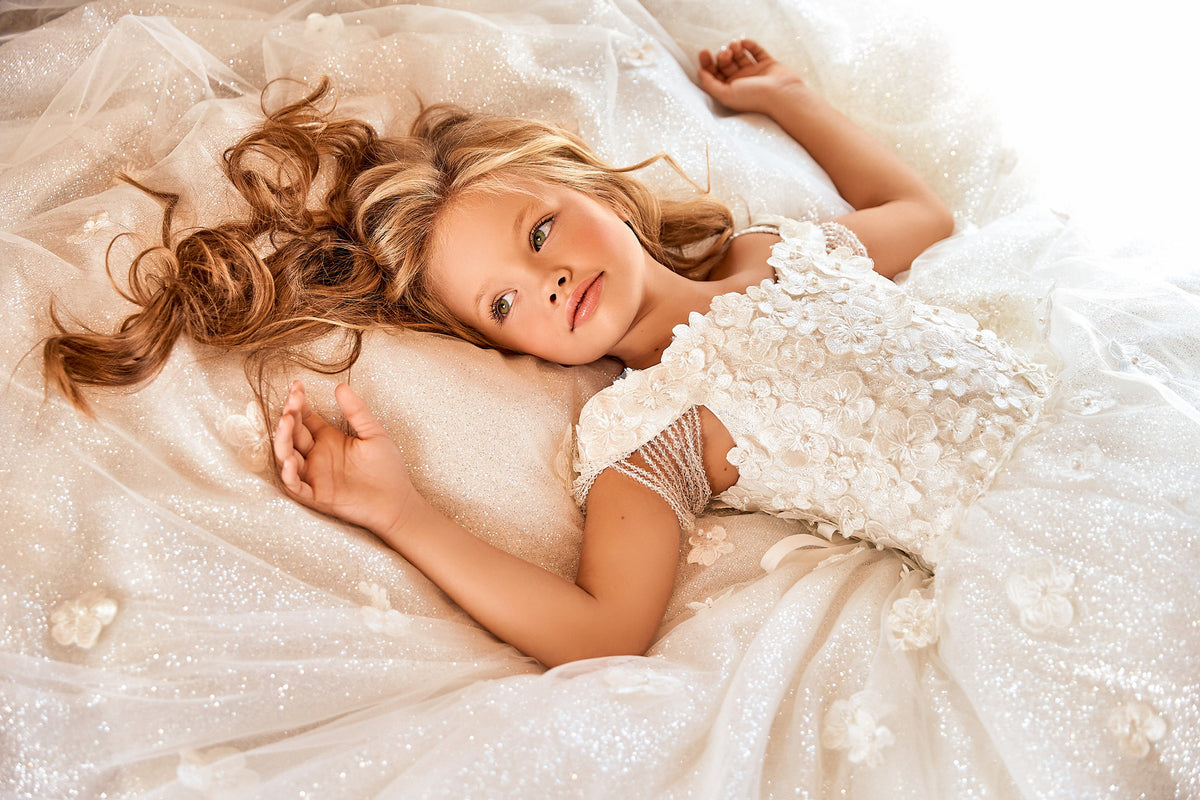 Floral Off Shoulder Kid Girl Baptism Gown with Crystals Tassel childrensterritory