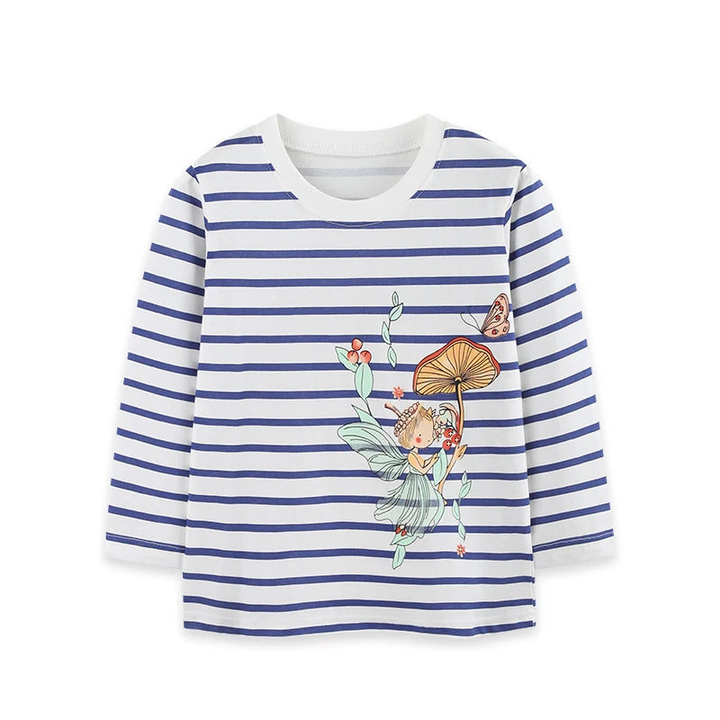 Round Neck Long Sleeves Cartoon Print Cotton Tops For Girls