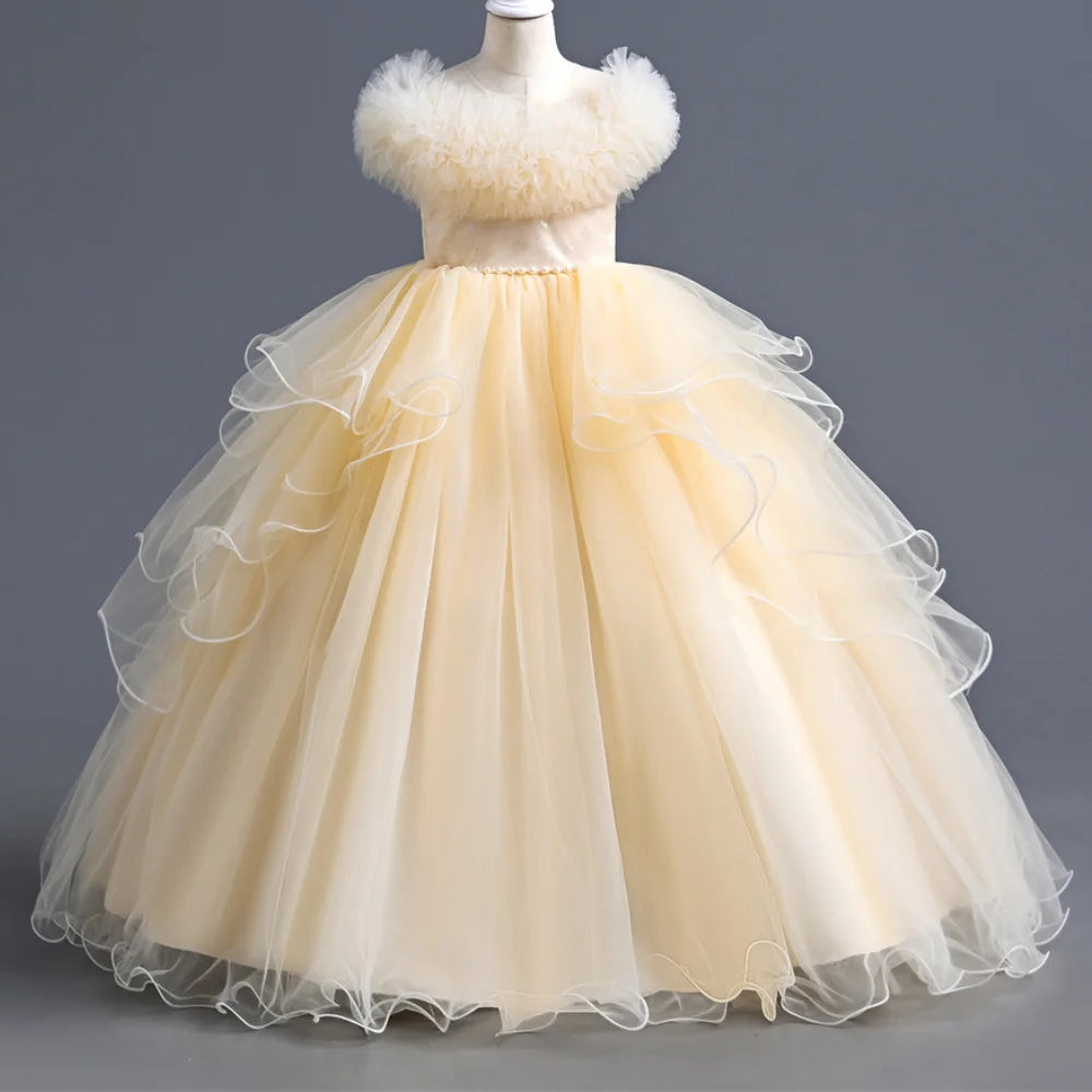 Kids Girls Long Fluffy Mesh Studded Grand Evening Party Dresses childrensterritory