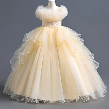 Kids Girls Long Fluffy Mesh Studded Grand Evening Party Dresses childrensterritory