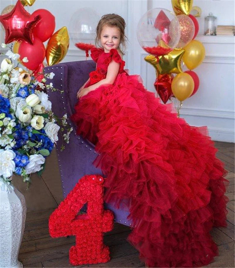 Kids Girls Tulle Red High/Low Fluffy Princess Wedding Dress childrensterritory