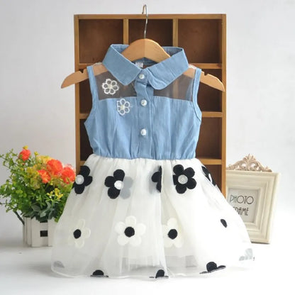 Baby Girl Flower Mesh Denim Dress for Summer childrensterritory
