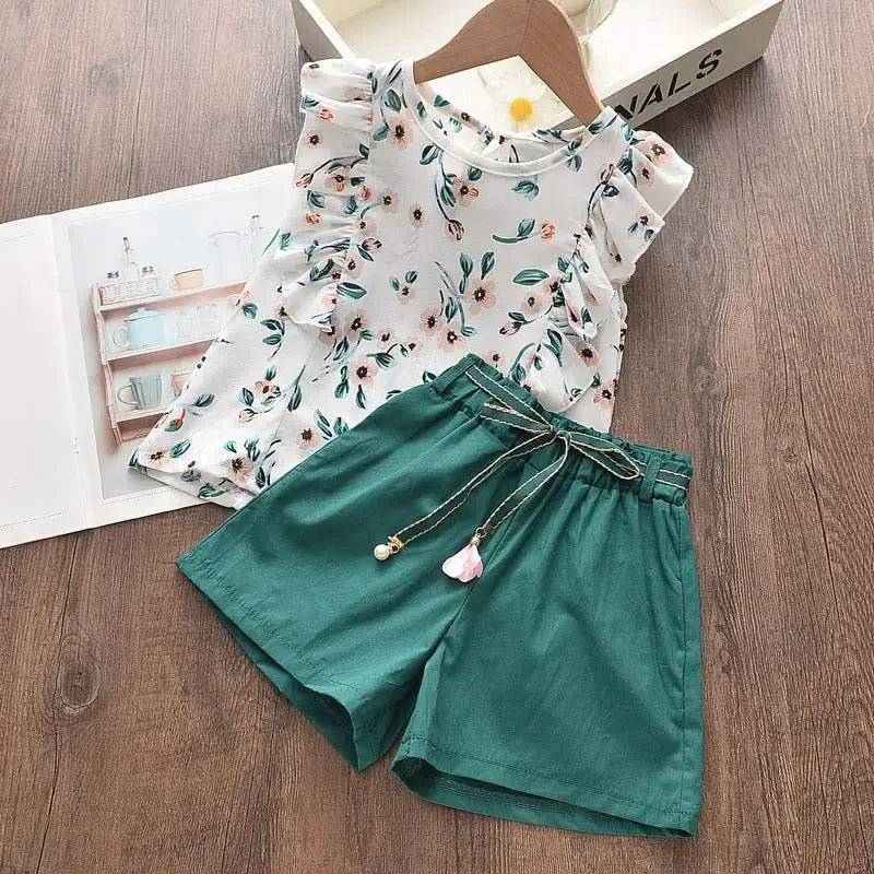 Kids Girls 2Pcs Clothing Sets/T-shirt+Print Bow Skirt