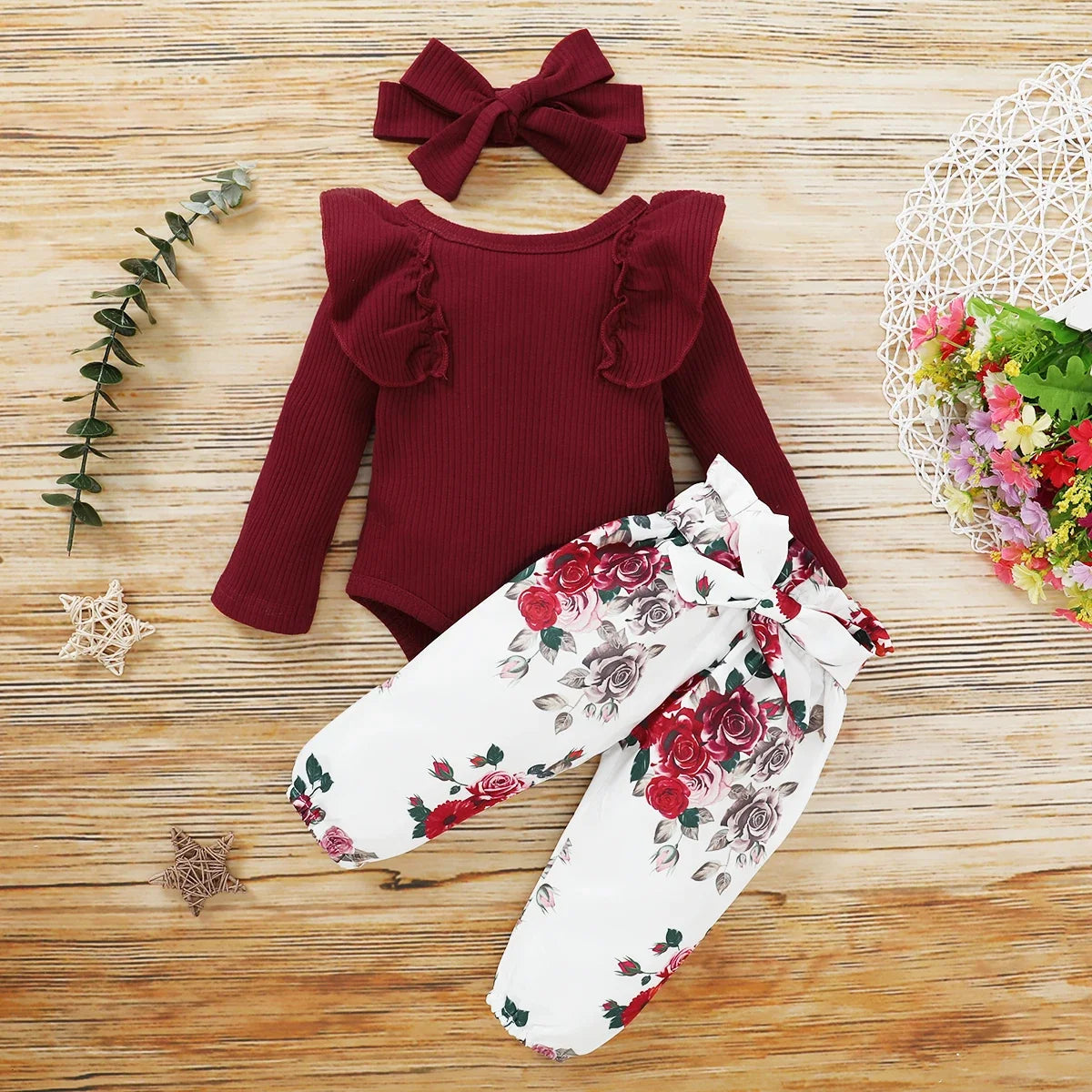 3Pcs Newborn Girl Bodysuit, Bow, Floral Pants Clothing Set childrensterritory