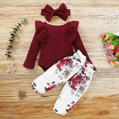3Pcs Newborn Girl Bodysuit, Bow, Floral Pants Clothing Set childrensterritory