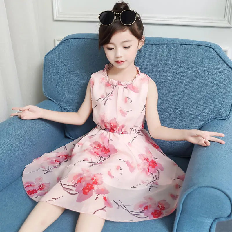 Kids Girls Sleeveless Kitty Design Summer Party Dresses