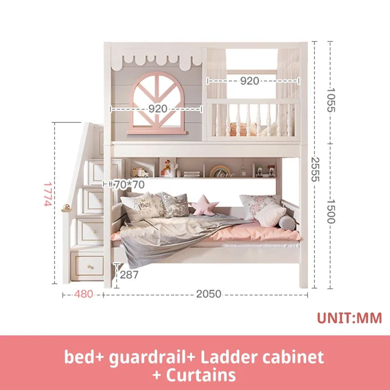 Beautiful Kids Bunk Beds with Large Storage Space and Guardrail