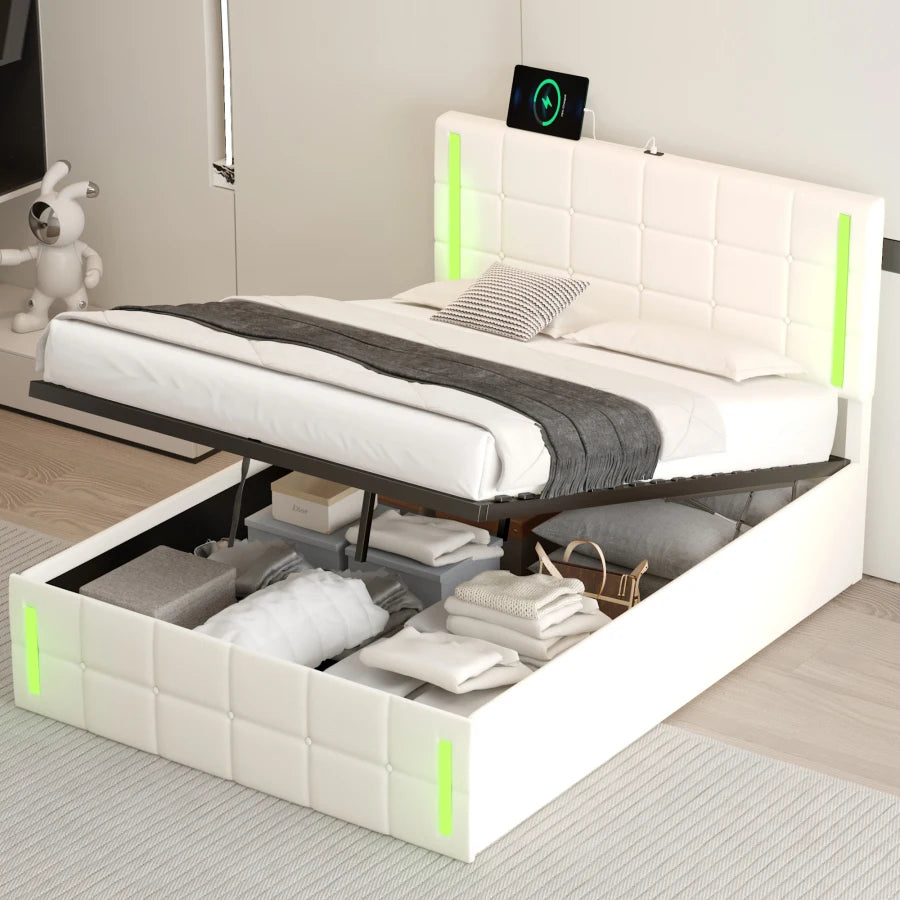 Space-Saving Full-Size Bed with LED Lights and Storage childrensterritory